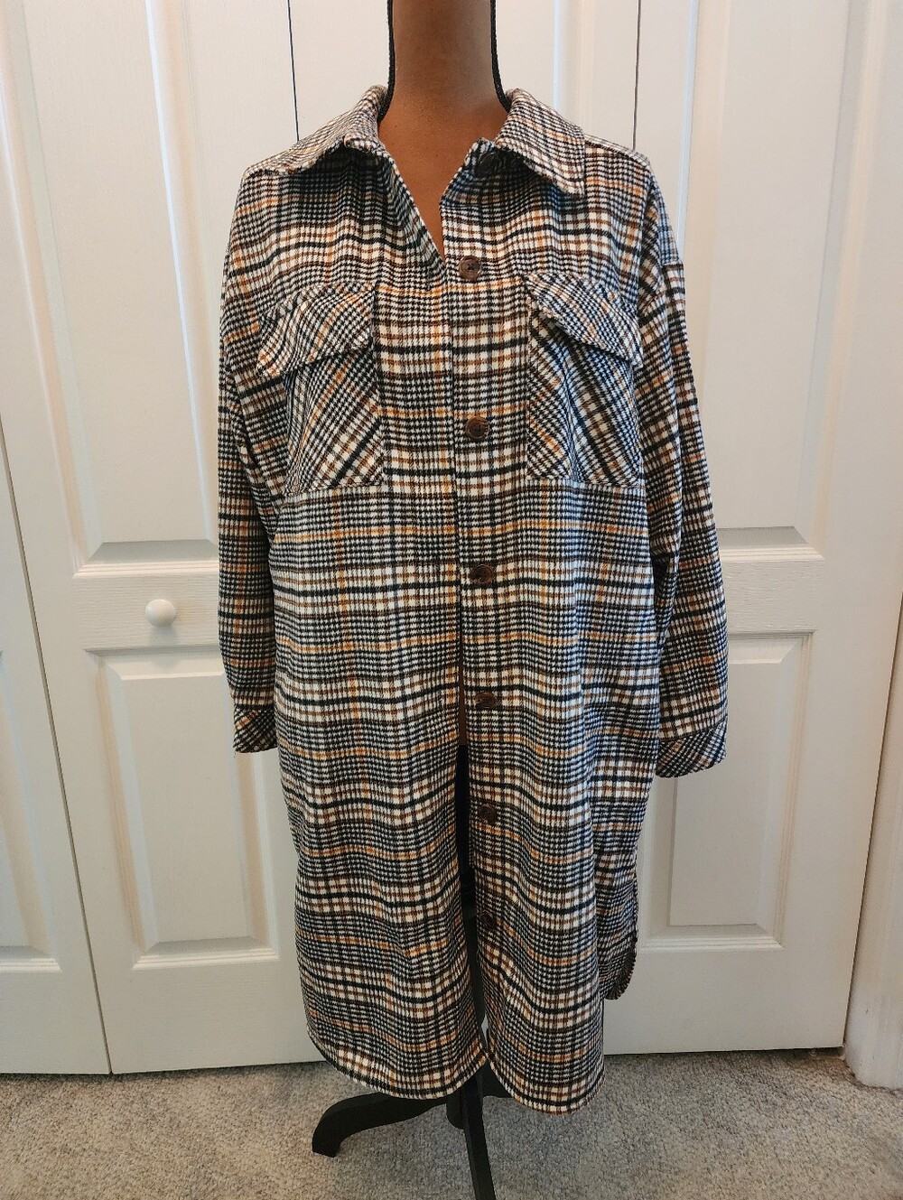 Lagenlook Checked Plaid Longline Shacket Shirt Jacket - Brown, Black & Cream - Picture 3 of 9